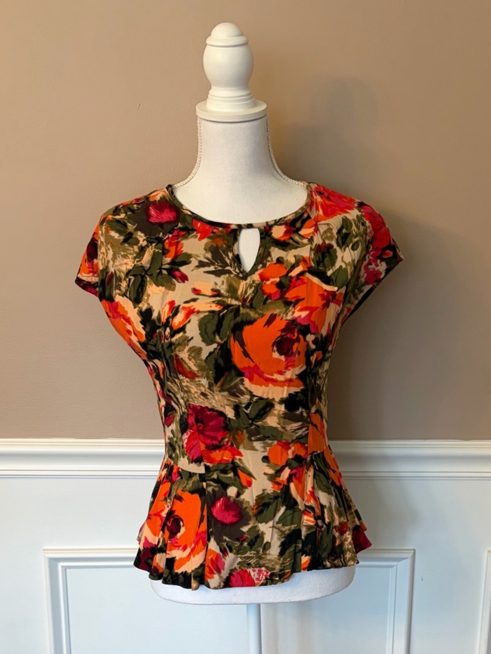 Papaya Floral Keyhole Peplum Top - Orange, Pink & Green